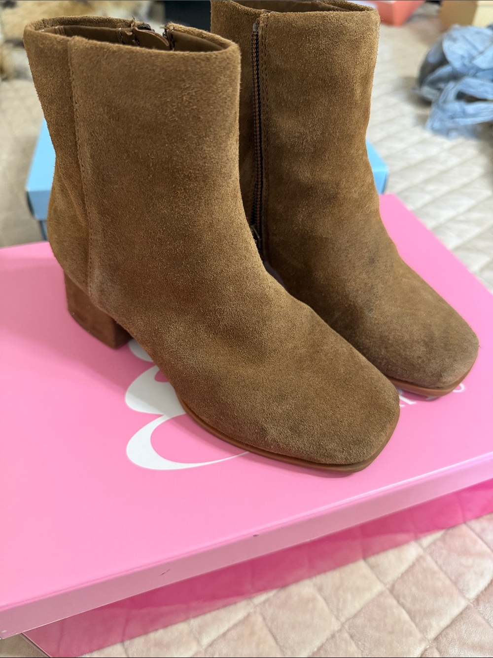 Kids Suede Block Heel Ankle Boots - Brown